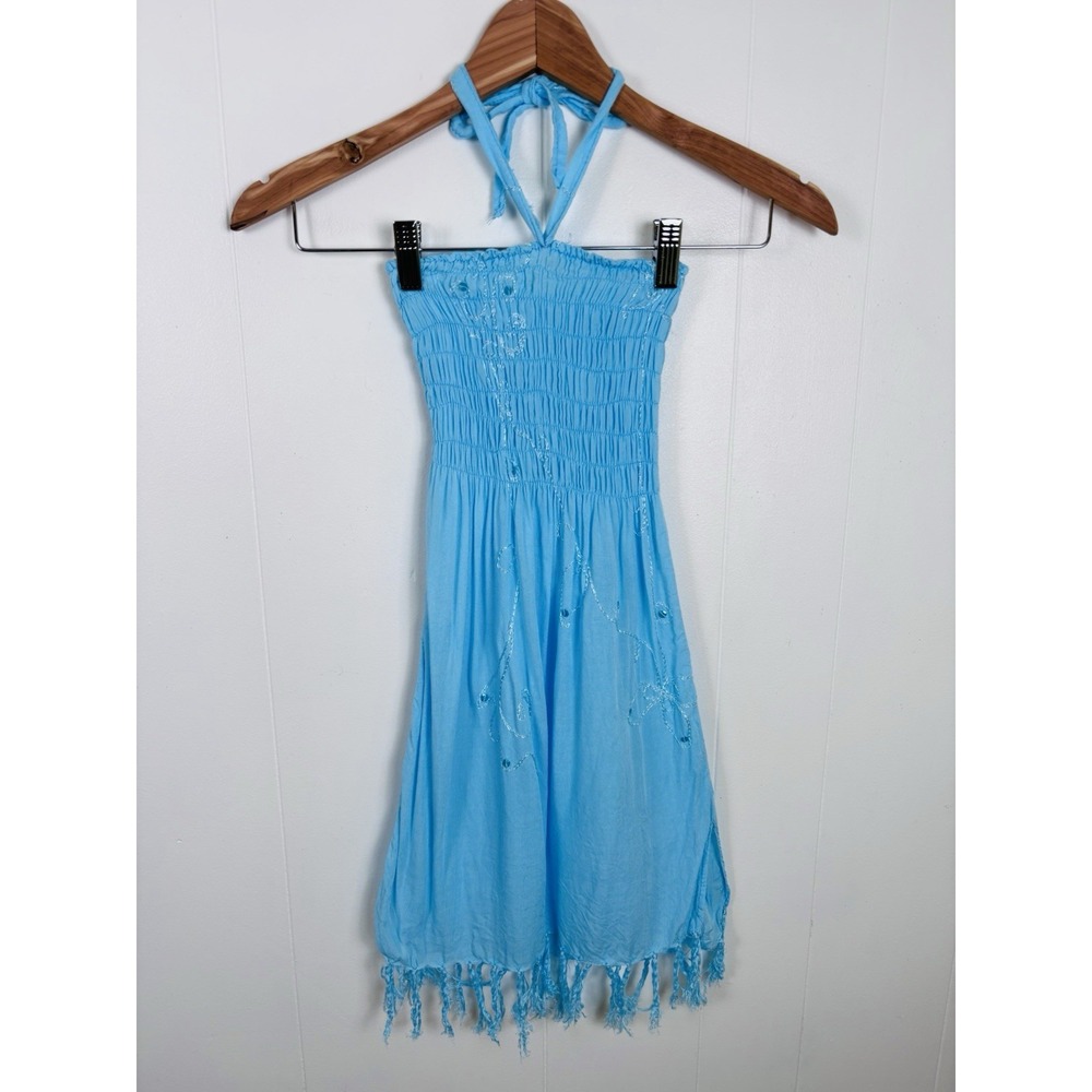 Summer Halter Dress Girls Sz 5 Smocked Bodice‎ Embroidered Sequins Vacation Blue
